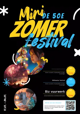 Promoot zomerfestivals met een vrij en kleurrijk concept met zwarte vormen en foto's