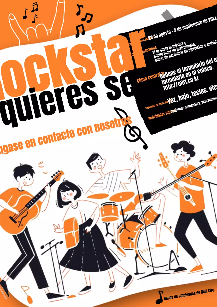 Anuncio retro de reclutamiento de bandas en naranja y negro