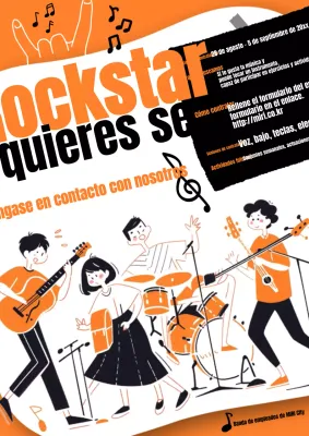 Anuncio retro de reclutamiento de bandas en naranja y negro