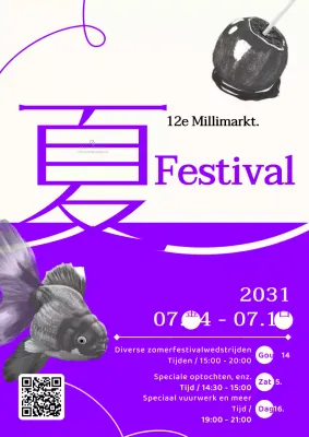 Promoot zomerfestivals met een eenvoudig concept met een paars kleurenschema en kleine foto's