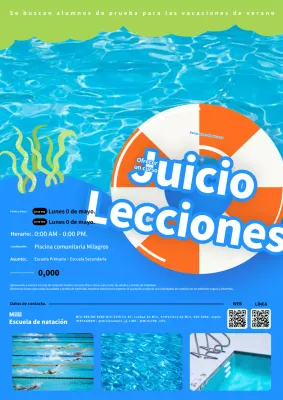 Un moderno anuncio azul y naranja de clases de natación.