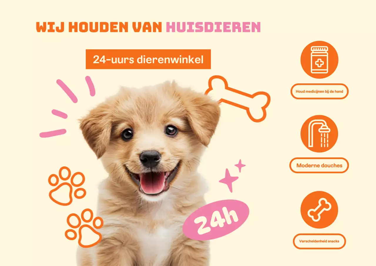 Een 24-uurs dierenwinkel met schattige puppy's