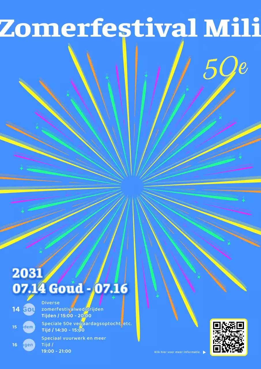 Promoot een zomerfestival met een eenvoudig, kleurrijk concept met blauw vuurwerk