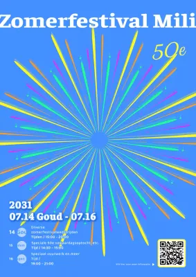 Promoot een zomerfestival met een eenvoudig, kleurrijk concept met blauw vuurwerk