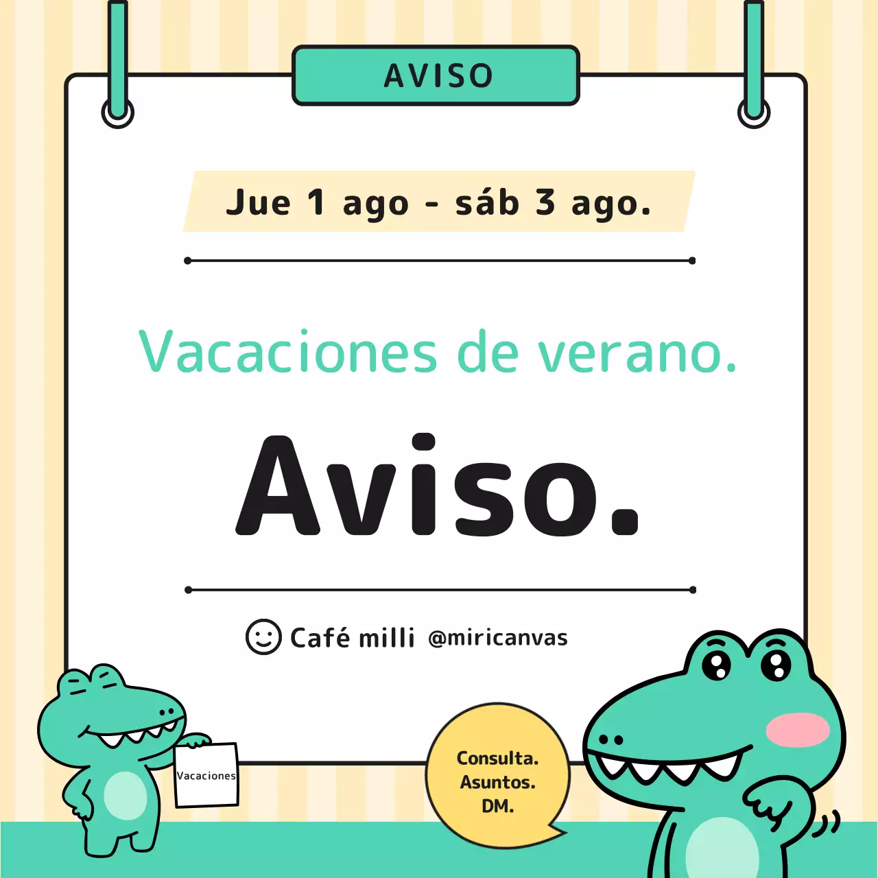 Precioso aviso de vacaciones de verano amarillo y verde.