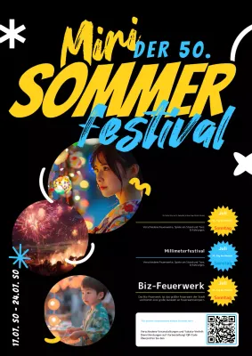 Werben Sie für Sommerfestivals mit einem freien und farbenfrohen Konzept mit schwarzen Formen und Fotos