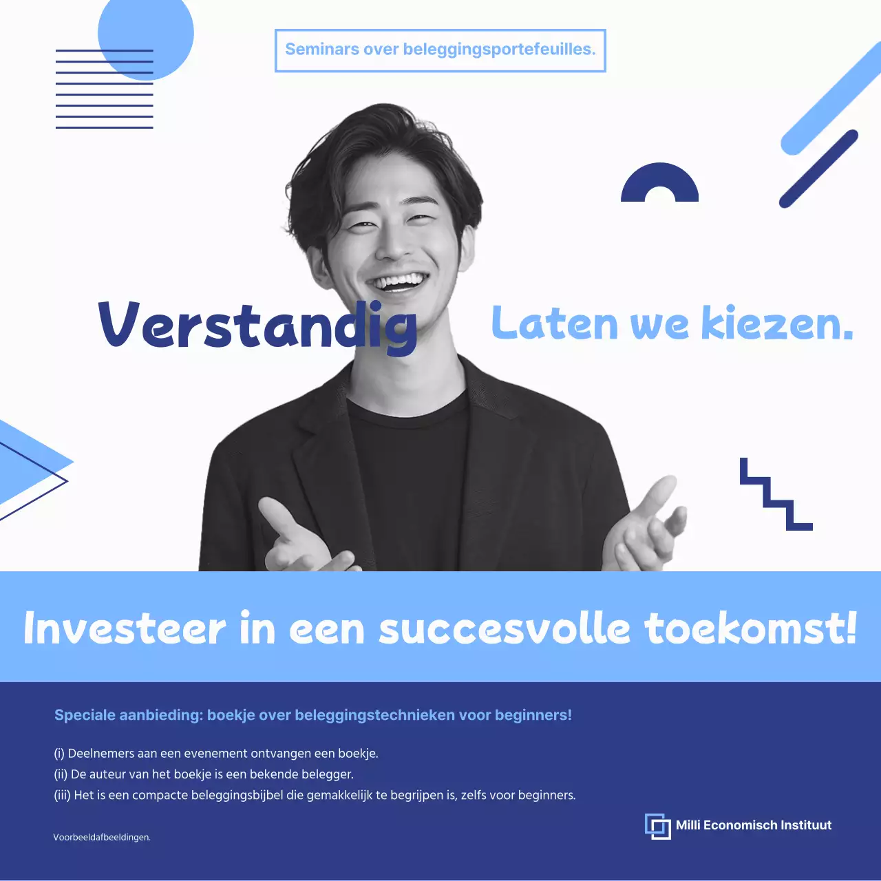 Publiciteit voor moderne investeringsseminars in indigo en lichtblauw.