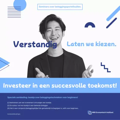Publiciteit voor moderne investeringsseminars in indigo en lichtblauw.