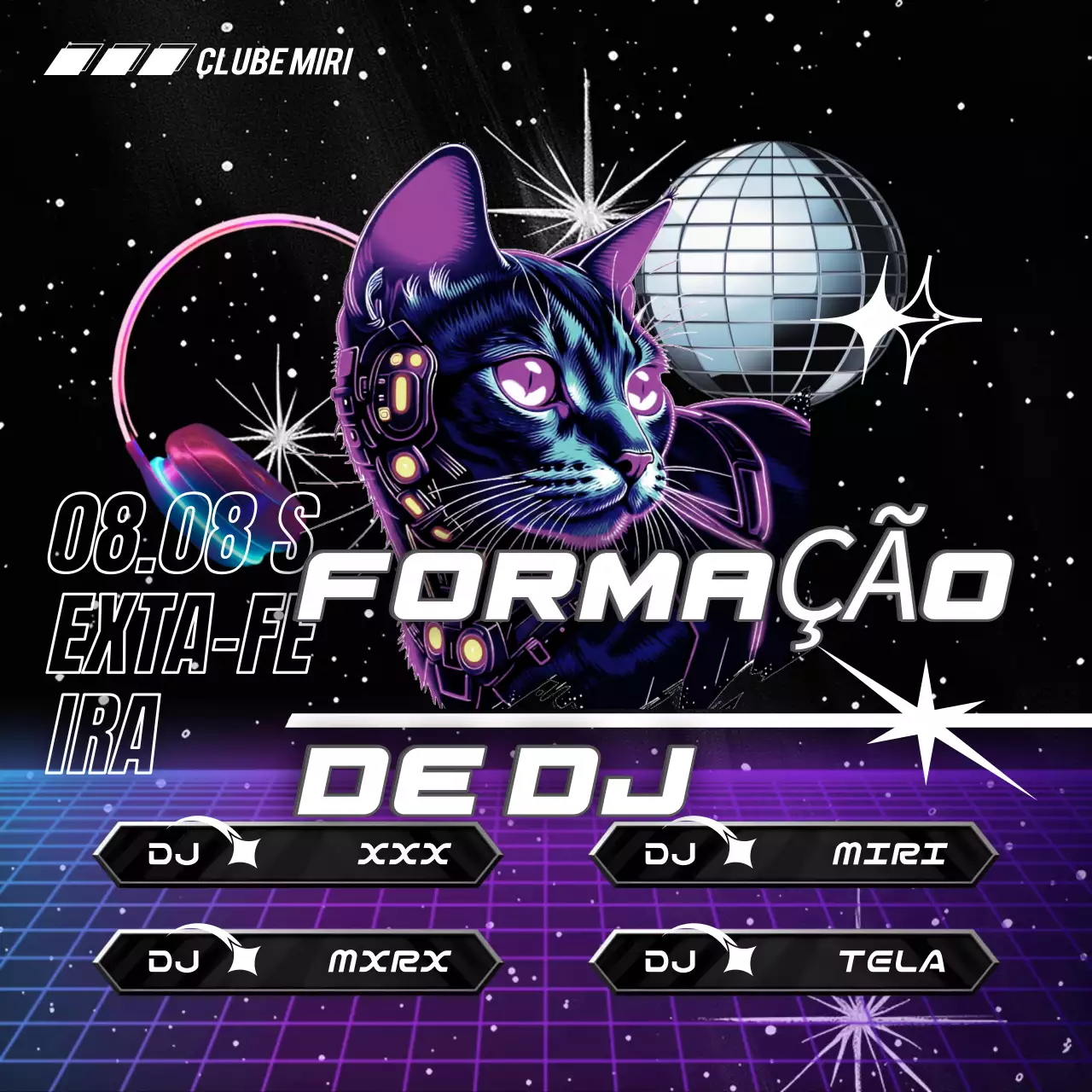 Um alinhamento de conjuntos de DJ inspirados no cyberpunk, em preto e roxo