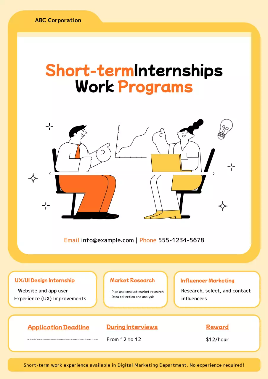 Thông báo tuyển dụng thực tập ngắn hạn đơn giản màu cam và màu vàng