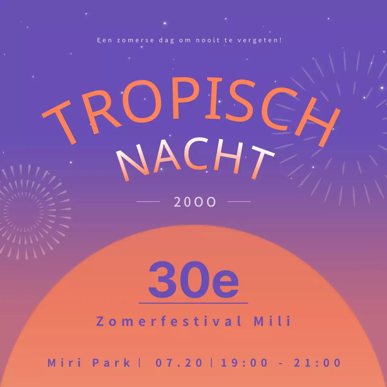 Oranje en paarse tropische zomer vuurwerk aankondiging.