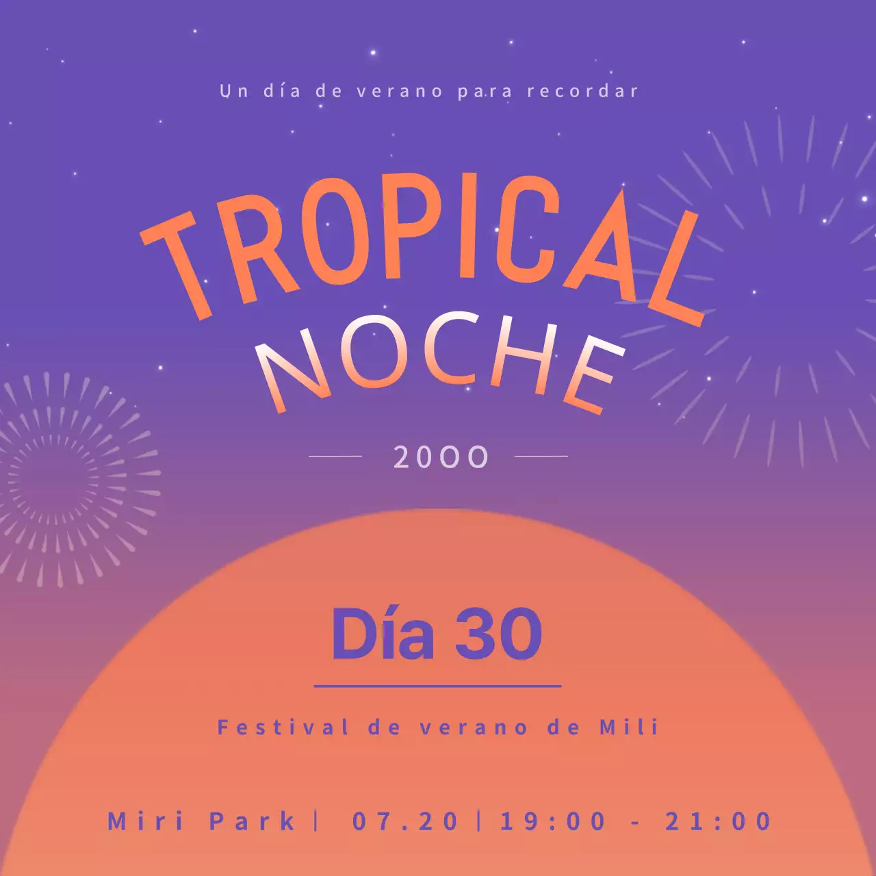 Anuncio naranja y morado de fuegos artificiales tropicales de verano.