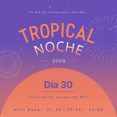 Anuncio naranja y morado de fuegos artificiales tropicales de verano.