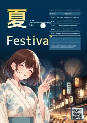 Promocione un festival de verano con un colorido fondo en azul marino e ilustraciones caricaturescas