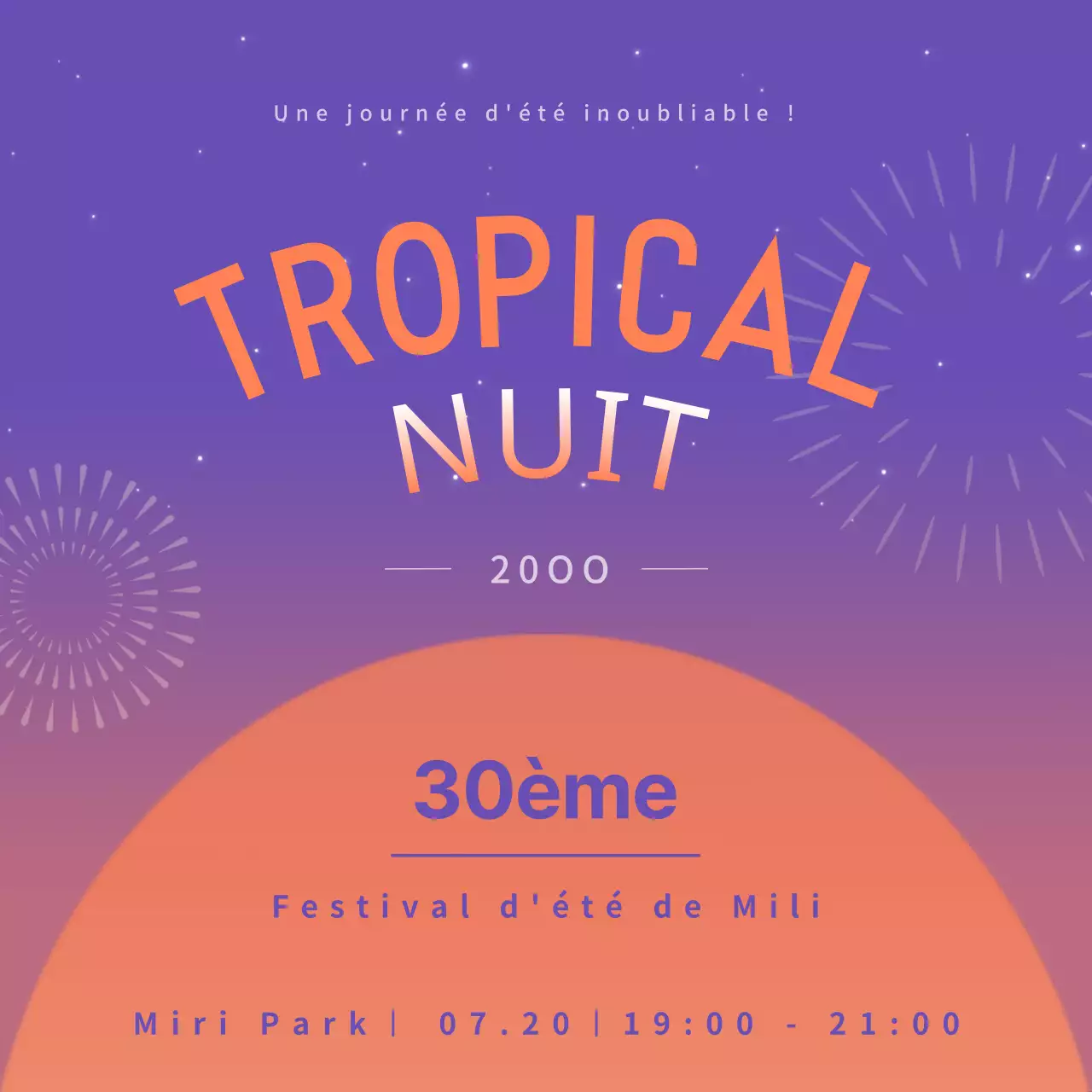 Annonce d'un feu d'artifice d'été tropical orange et violet.