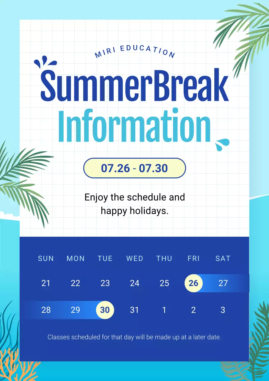Blue Tropical Summer Schedule Poster