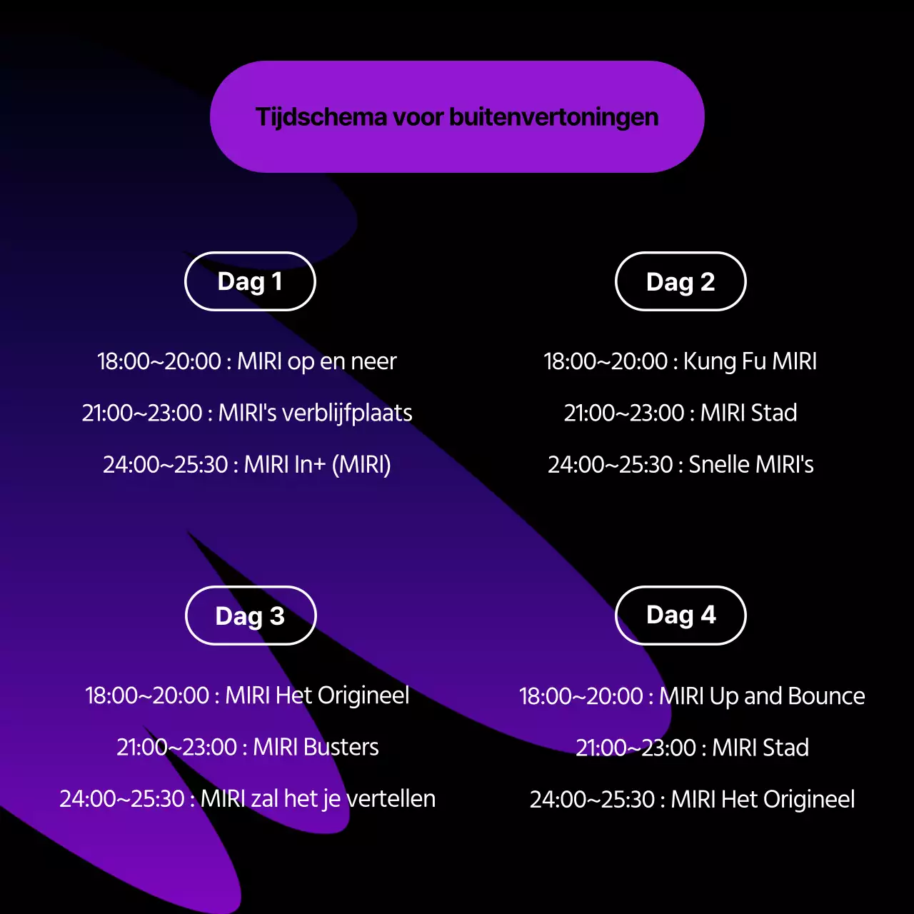 Aankondiging van een kitscherige openluchtvoorstelling van Paars en zwart