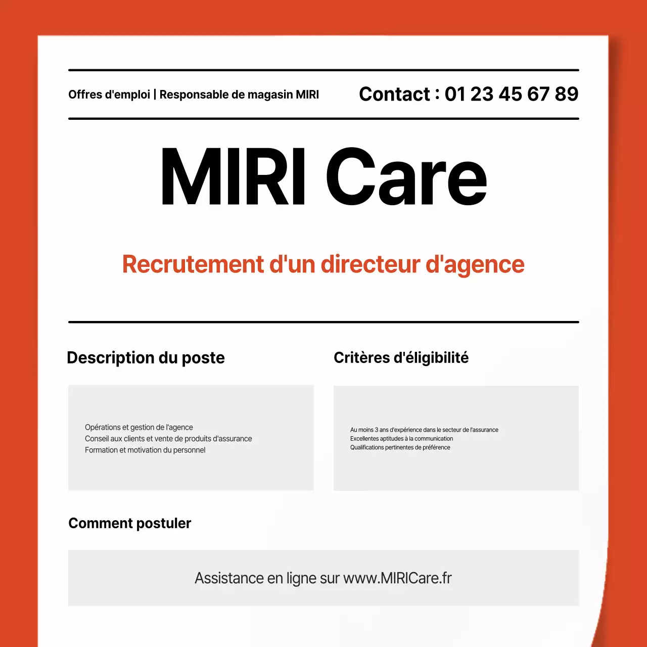 Offre d'emploi simple en orange et blanc pour un directeur de succursale d'une compagnie d'assurance