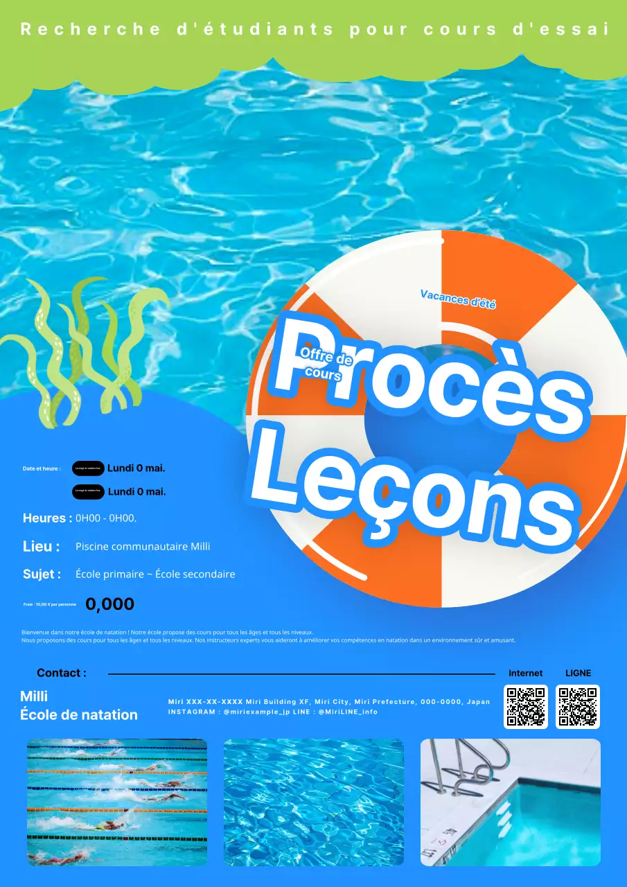 Une publicité moderne, bleue et orange, pour des cours de natation.