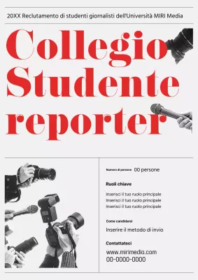 Un team di giornalismo universitario retrò e grigio-rosso sta cercando un nuovo reporter