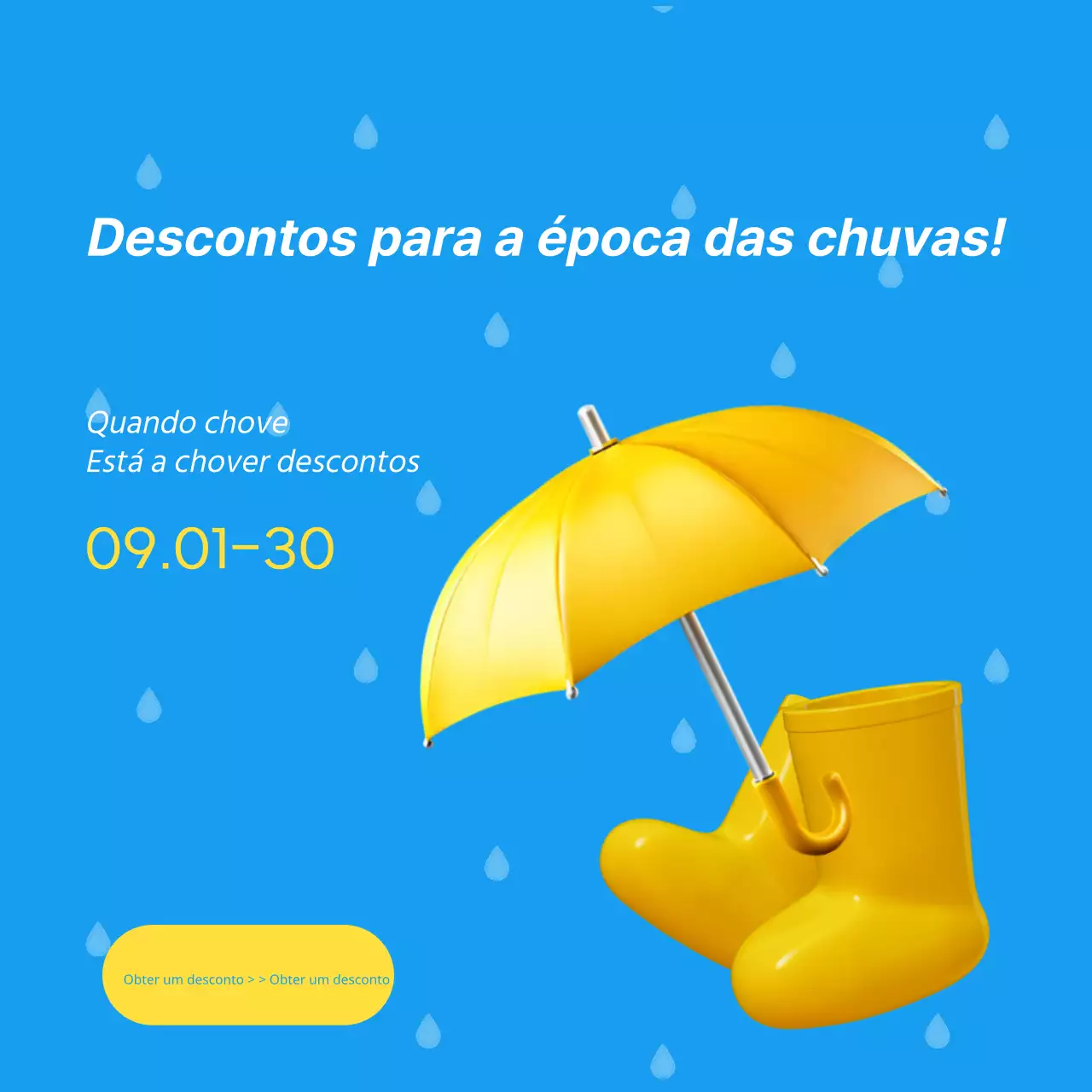 Anúncio simples de saldos para a época das chuvas em azul claro e amarelo