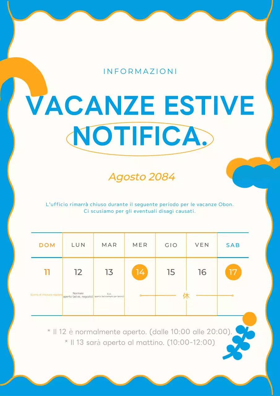 Annuncio di vacanza carino e semplice in blu e arancione