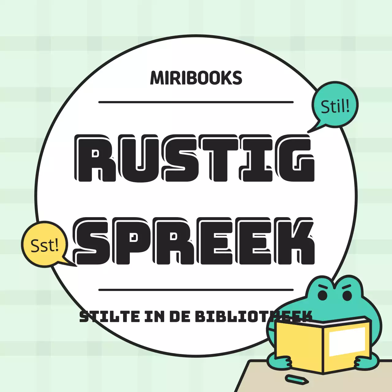 Kitscherige aankondigingen van bibliotheekregels in mint en wit