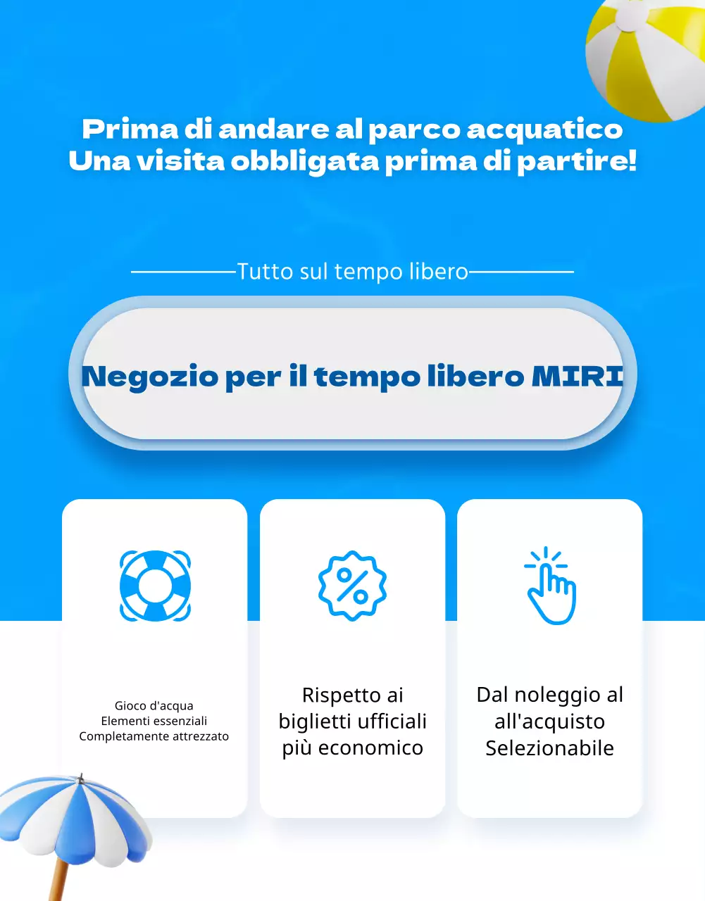 Pubblicità promozionale di un negozio per il tempo libero con accenti blu e gialli