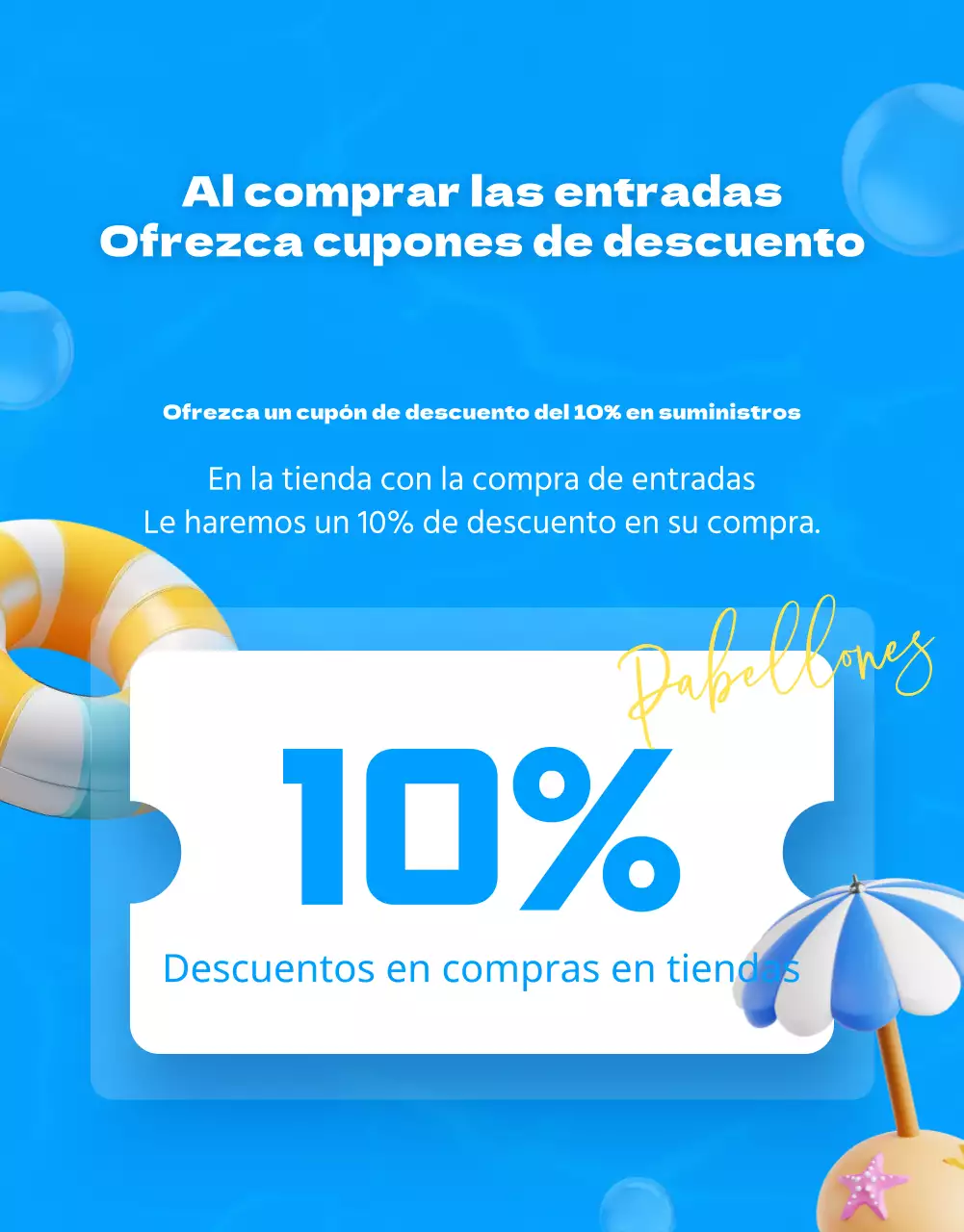 Anuncio promocional de una tienda de ocio con detalles en azul y amarillo