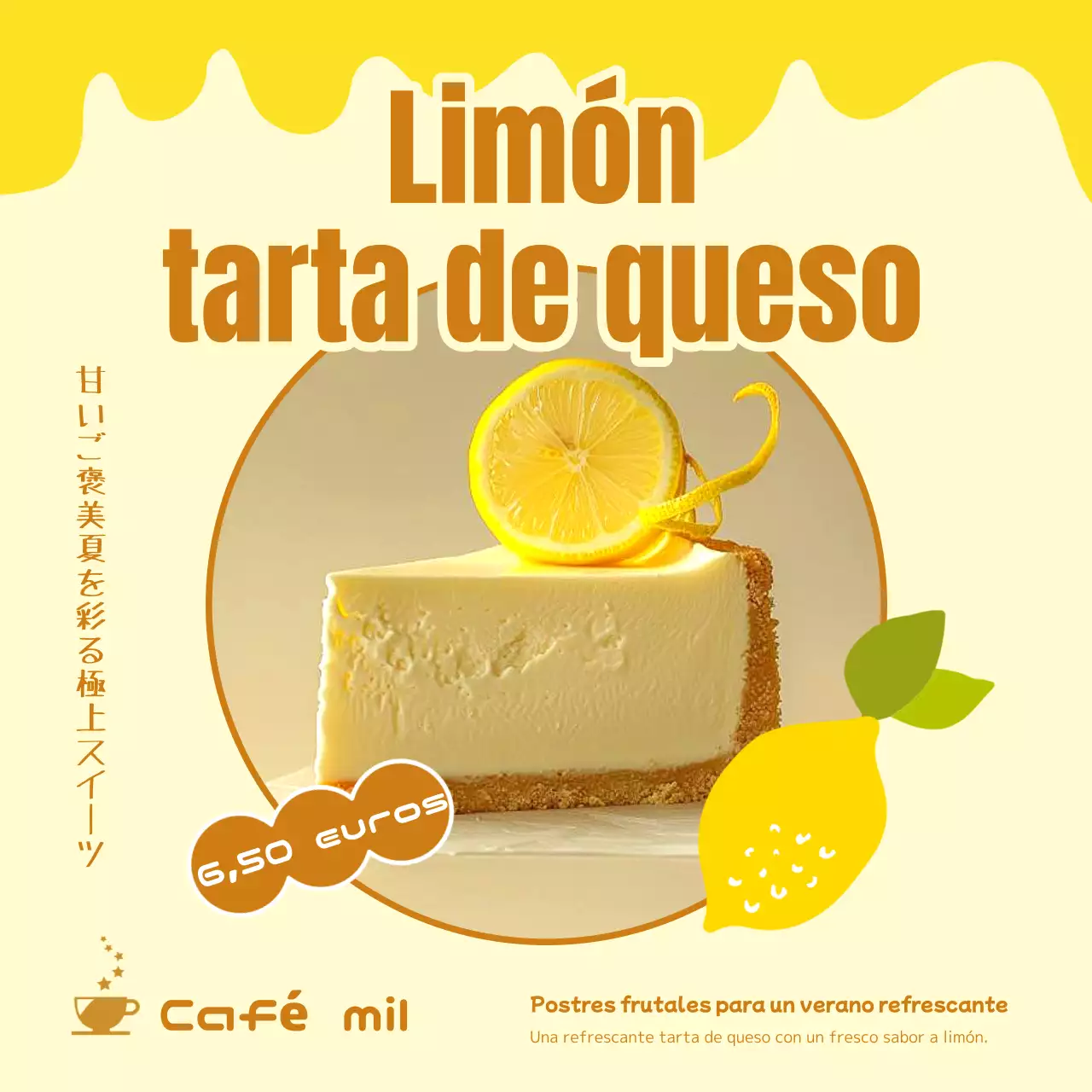 Publicidad para una nueva carta de bonitos postres veraniegos amarillos y marrones.