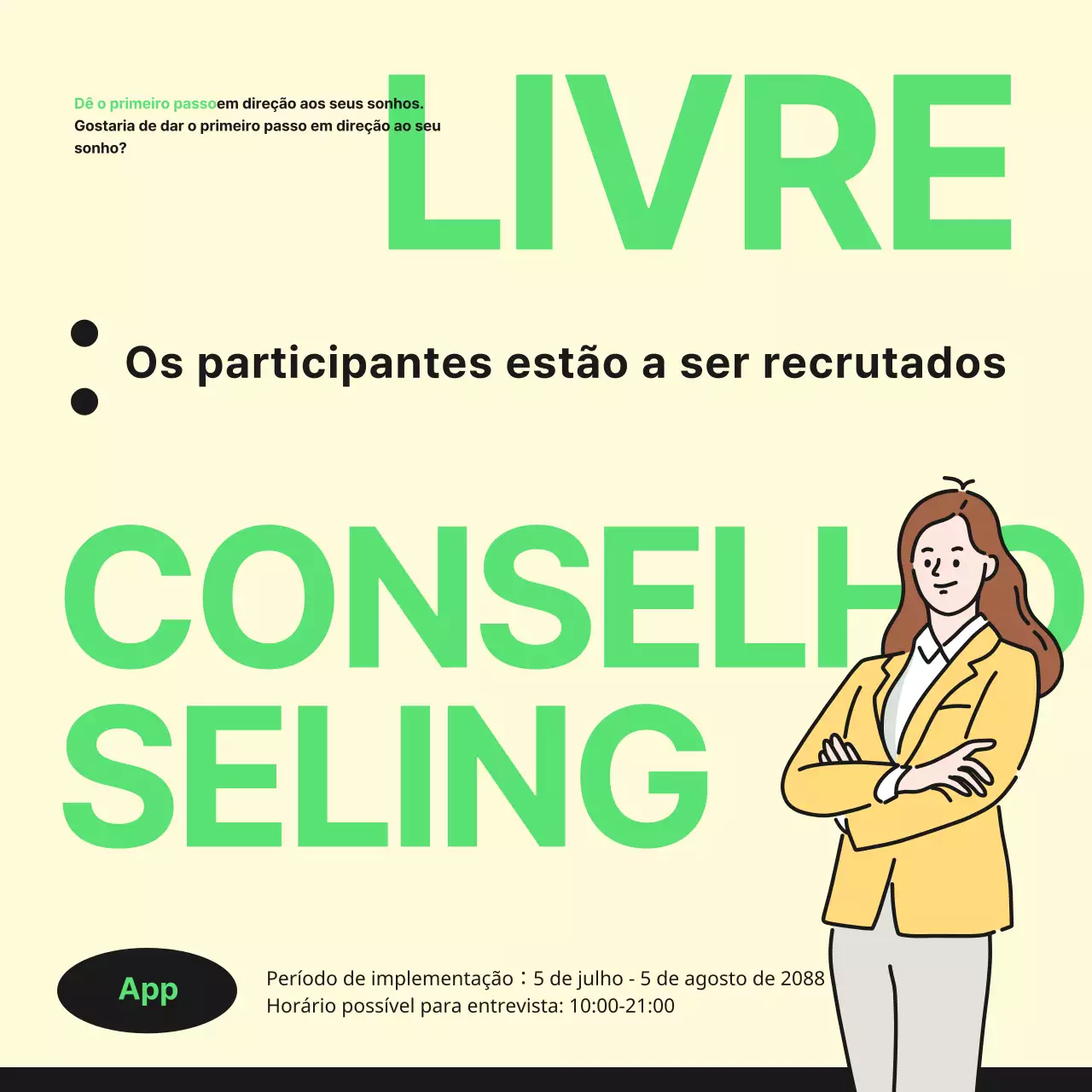 Promover sessões gratuitas de aconselhamento profissional com cores simples de marfim e verde-amarelo