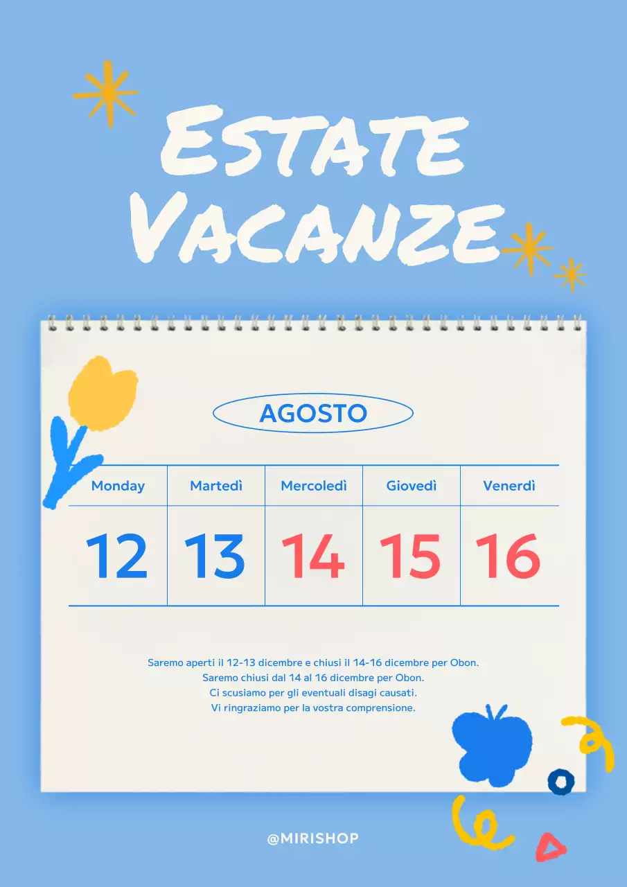Annuncio di vacanze estive in blu e giallo con un simpatico concetto di disegno