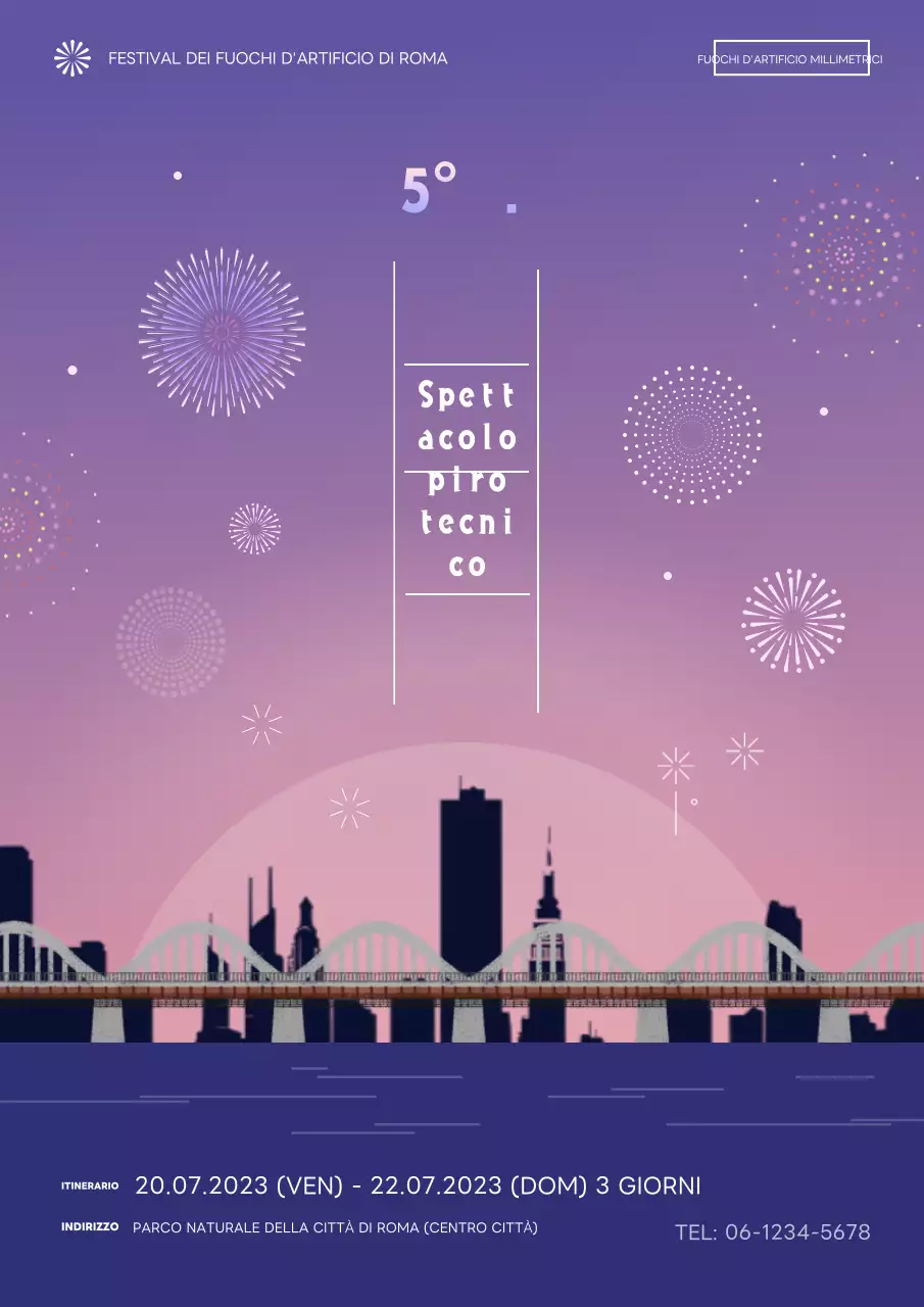 Pubblicità per un fantastico spettacolo pirotecnico blu e viola.