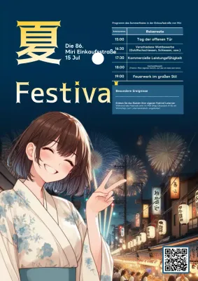 Werben Sie für ein Sommerfest mit einem farbenfrohen Hintergrund in Marineblau und Cartoon-Illustrationen