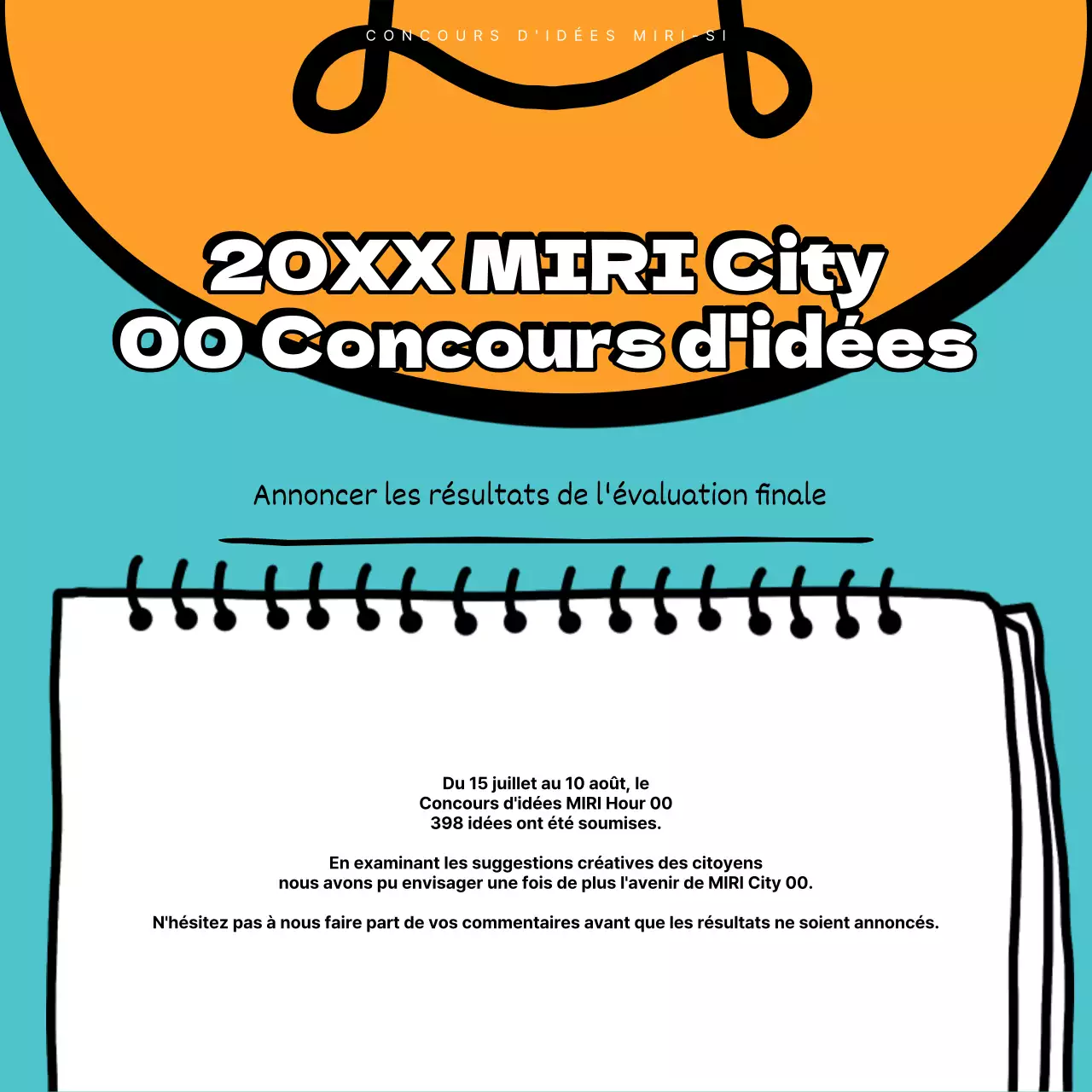 Annonce des résultats d'un concours pop-artistique en bleu clair et orange