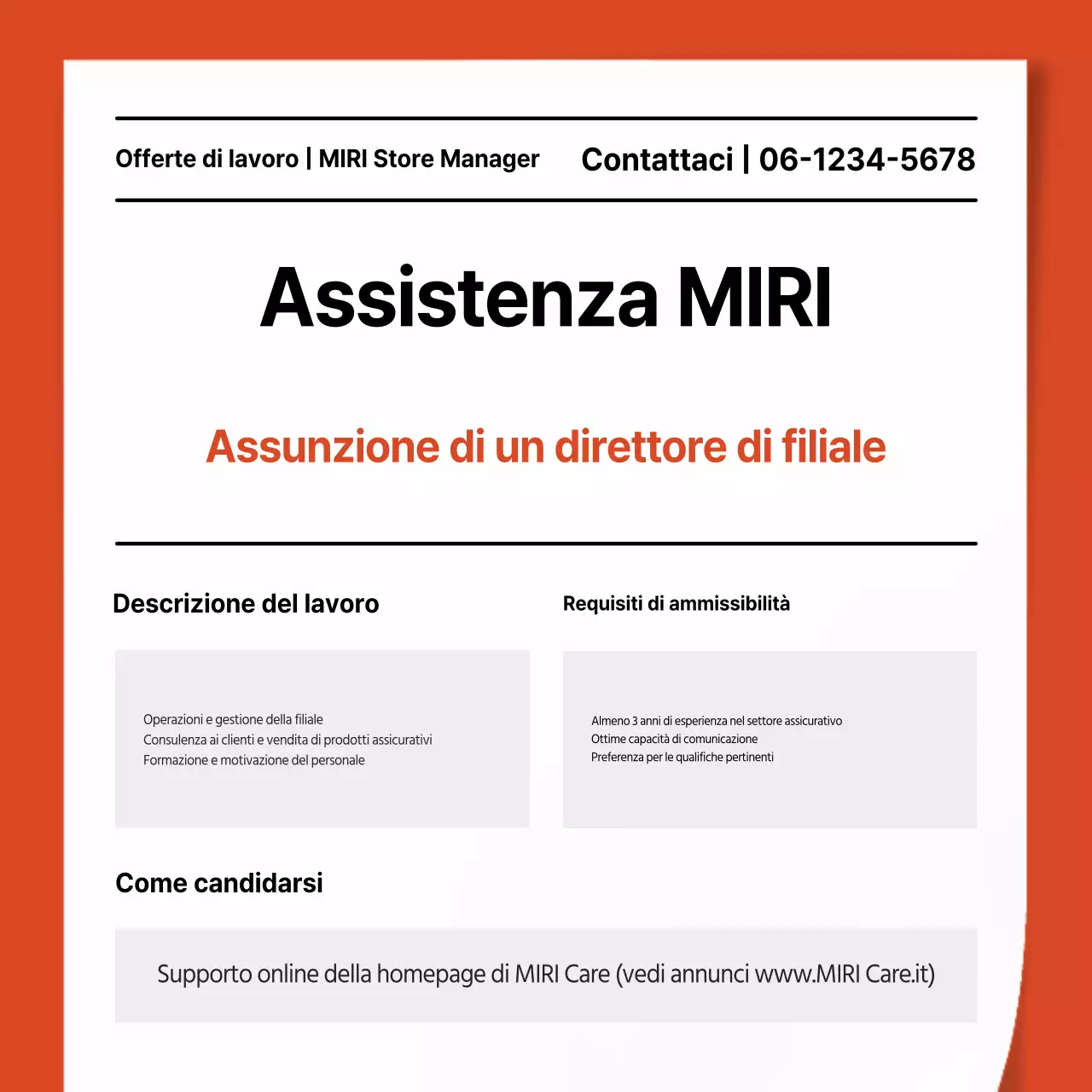 Semplice annuncio di lavoro per direttore di filiale di una compagnia assicurativa in bianco e arancione