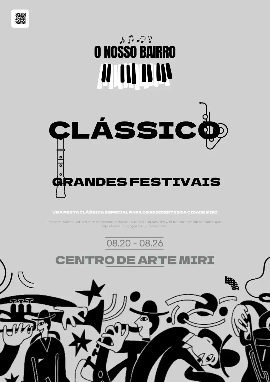 Promover um festival clássico local em cinzento e preto