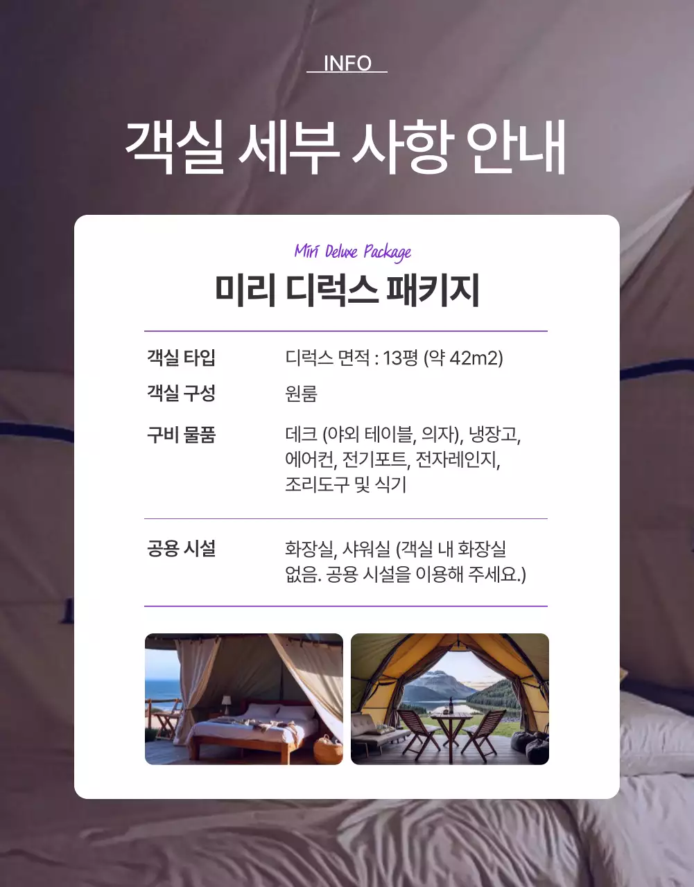 보라와 핑크의 강조 글램핑 숙박권 홍보