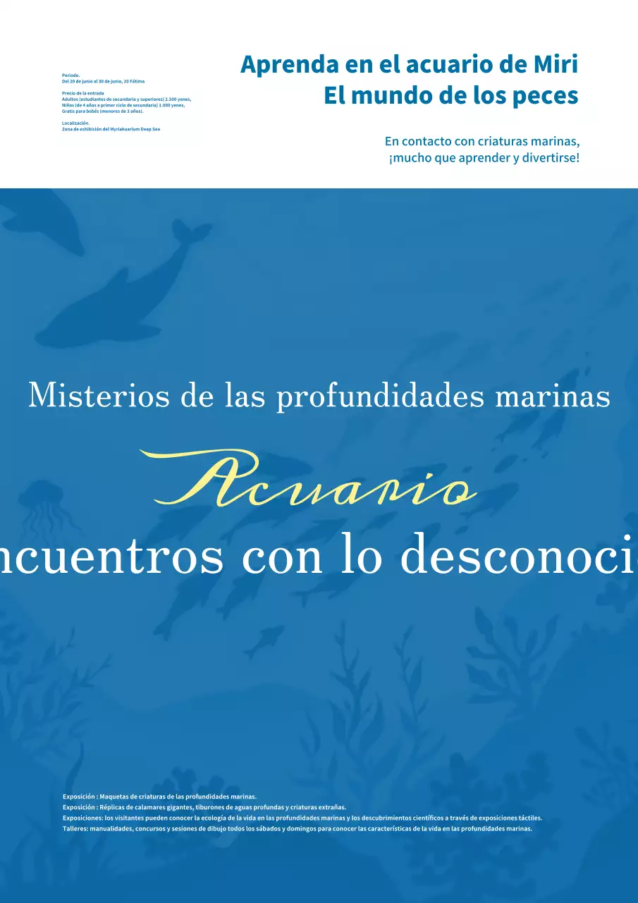 Publicidad sencilla en blanco y azul de la exposición del acuario
