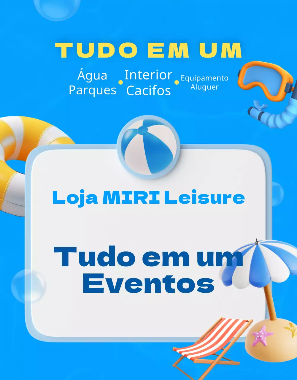 Anúncio promocional de uma loja de lazer com pormenores em azul e amarelo