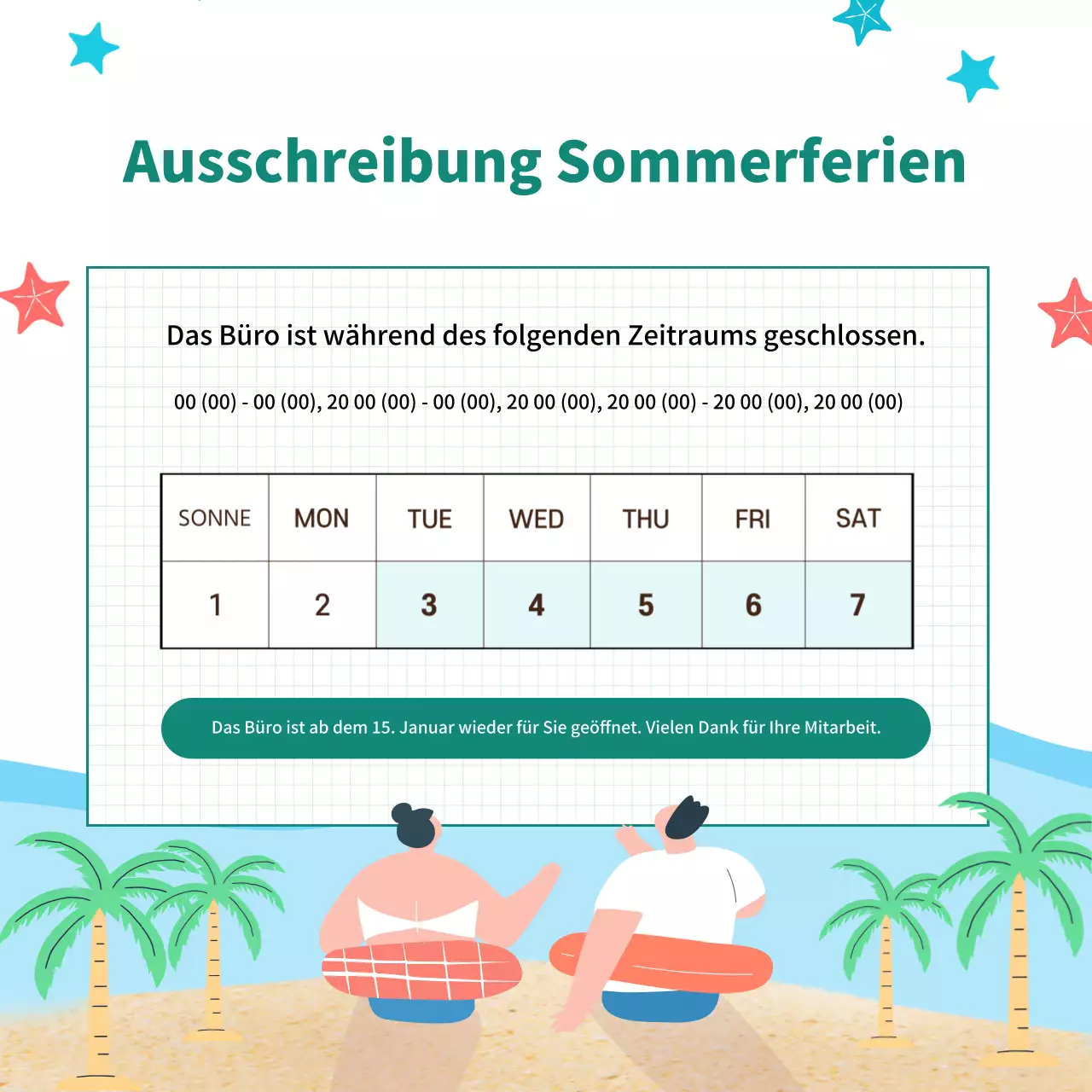 Einfacher Sommerurlaubszettel in Weiß und Hellblau.