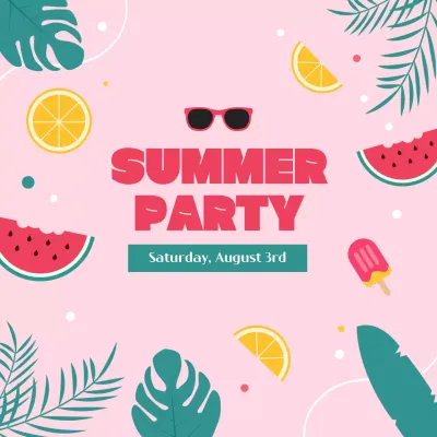분홍색 배경 여름일러스트 썸머파티 안내 디자인