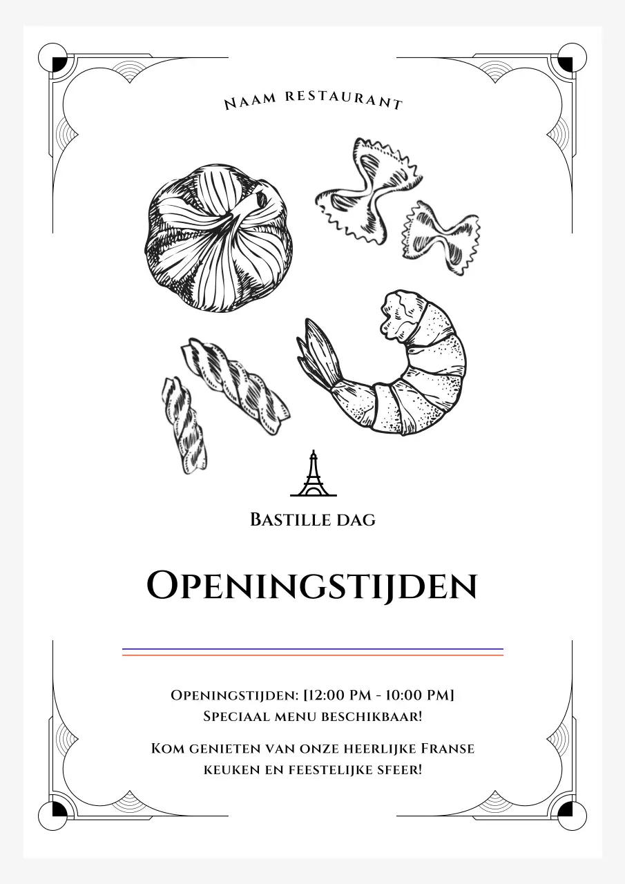 Een klassieke zwart-wit aankondiging van de openingstijden van een restaurant