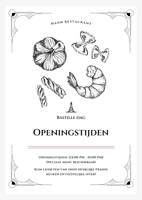 Een klassieke zwart-wit aankondiging van de openingstijden van een restaurant