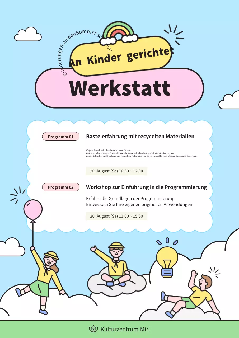 Werbung für einen schönen hellblauen und gelben Sommerferien-Workshop.