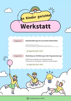 Werbung für einen schönen hellblauen und gelben Sommerferien-Workshop.