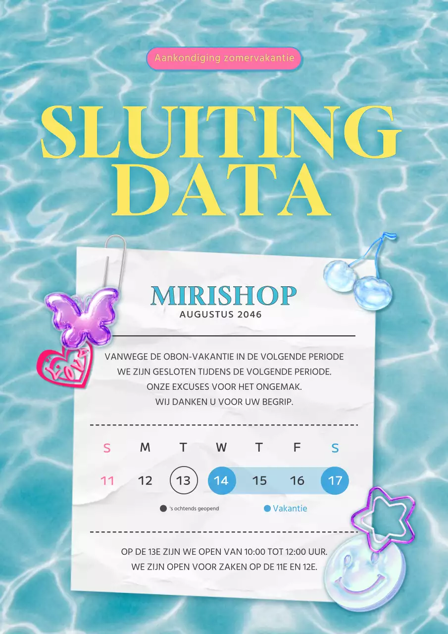 Een schattige, lichtblauwe zomervakantieaankondiging met een leuk concept