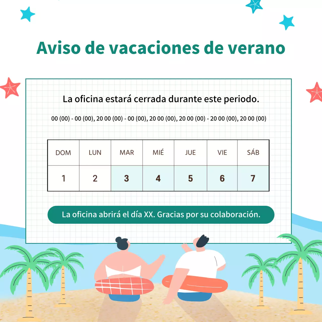 Sencillo anuncio de vacaciones de verano en blanco y azul claro.