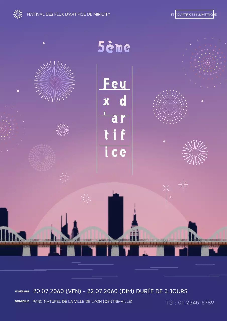 Publicité pour un fantastique feu d'artifice bleu et violet.