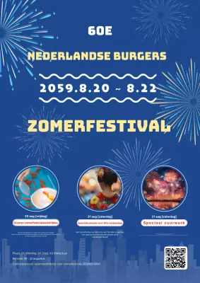 Promoot een zomerfestival met een kleurrijk concept met blauwe foto's en illustraties